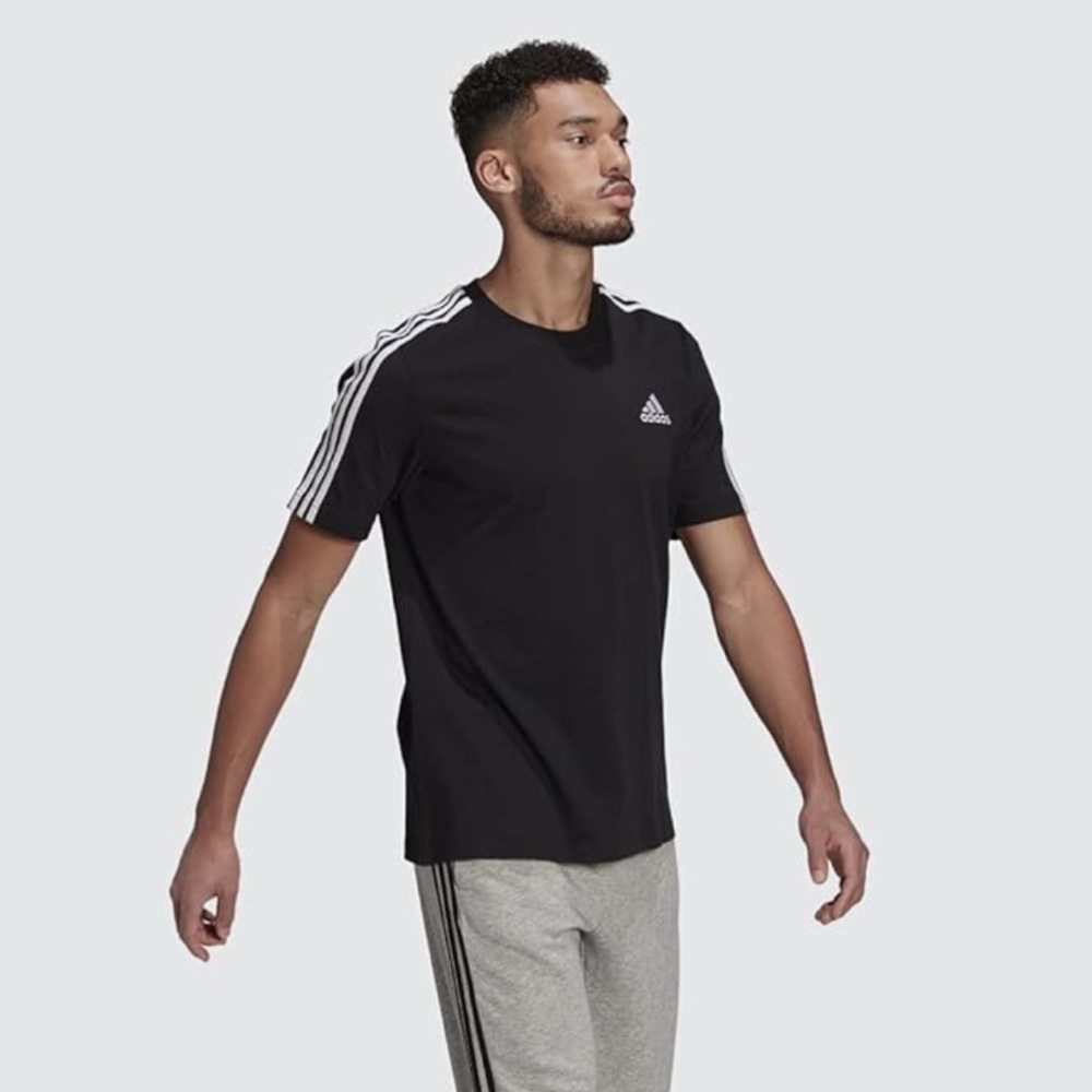 NWT Adidas Black Short Sleeve Tee with Signature Stripes - Picture 2 of 5